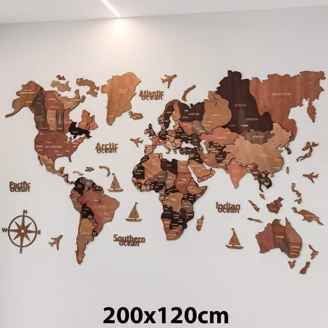 Hygrad Built to Survive Vintage 3D Wooden World Map Wall Decor in Black and Brown, W: 200 cm, H: 120 cm