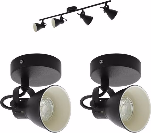 Loops Quad Ceiling Spotlight and 2x Matching Wall Lights in Matt Black with Adjustable Shades