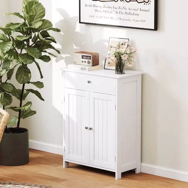 KORVIXA Freestanding White Bathroom and Living Room Storage Cabinet with Hinged Doors, Internal Drawers and Shelves, W/D/H: 80 x 60 x 1.2 cm