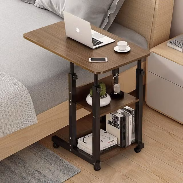 Living and Home Height Adjustable 3-Tier Mobile Overbed Desk with Wheels in Brown