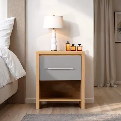 Seconique Seville 1 Drawer Bedside Table in Grey Gloss and Light Oak Effect, W: 39 cm, D: 39 cm, H: 56 cm – 2