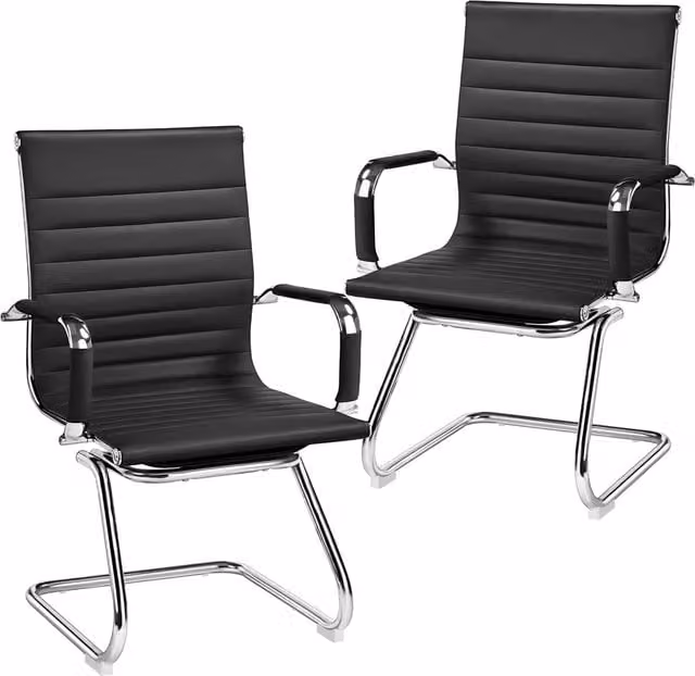 Yaheetech Set of 2 Modern Black Synthetic Leather Office Chairs with Armrests and Metal Cantilever Sled Base