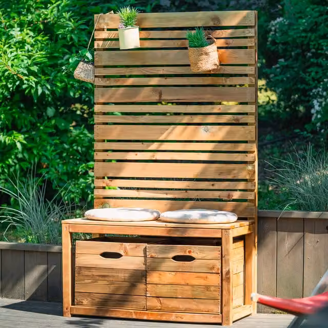 Cerland Rustic Brown Pine Wood Memphis Garden Bench with Trellis and Storage