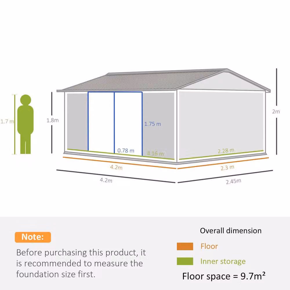 STILVORA Grey Galvanised Steel Garden Storage Shed with Lockable Double Doors and Window, W/D/H: 420 x 245 x 200 cm – 3