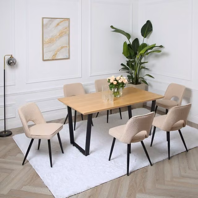 Home Garden Direct Provence Dining Set with Oak Veneer Rectangular Table and 6 Beige and Black Chairs