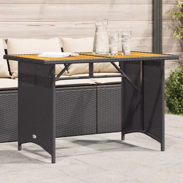 Berkfield Home Modern Garden Table with Black Poly Rattan and Acacia Wood Top, W/D/H: 110 x 68 x 70 cm