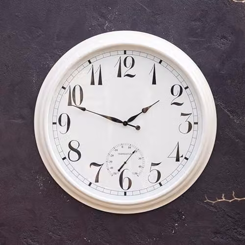 Primrose Big Time Outdoor Garden Wall Clock with Thermometer, White, Diameter: 90 cm