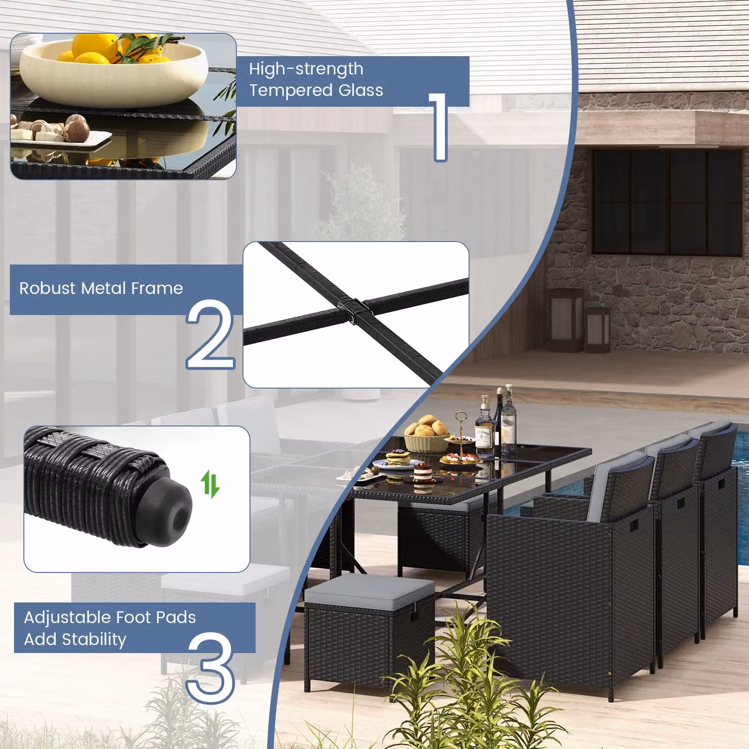 Gymax 11 Piece Grey Patio Dining Set with Tempered Glass Table and Rattan Ottomans – 8