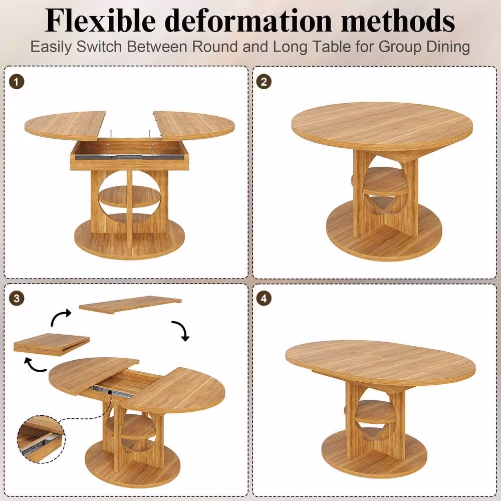 Rolipo Dark Brown Extendable Round to Oval Wood Dining Table – 3