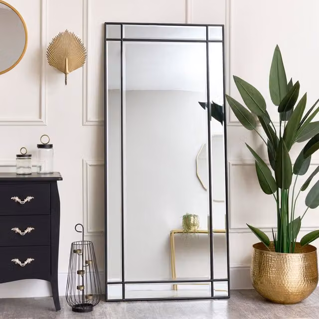 Melody Maison Large Black Framed Wall or Leaner Mirror with Bevelled Glass, W: 80 cm, H: 180 cm – 1
