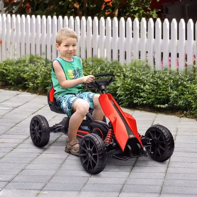 HOMCOM Kids Pedal Go Kart with Adjustable Seat and Silent EVA Foam Wheels in Red