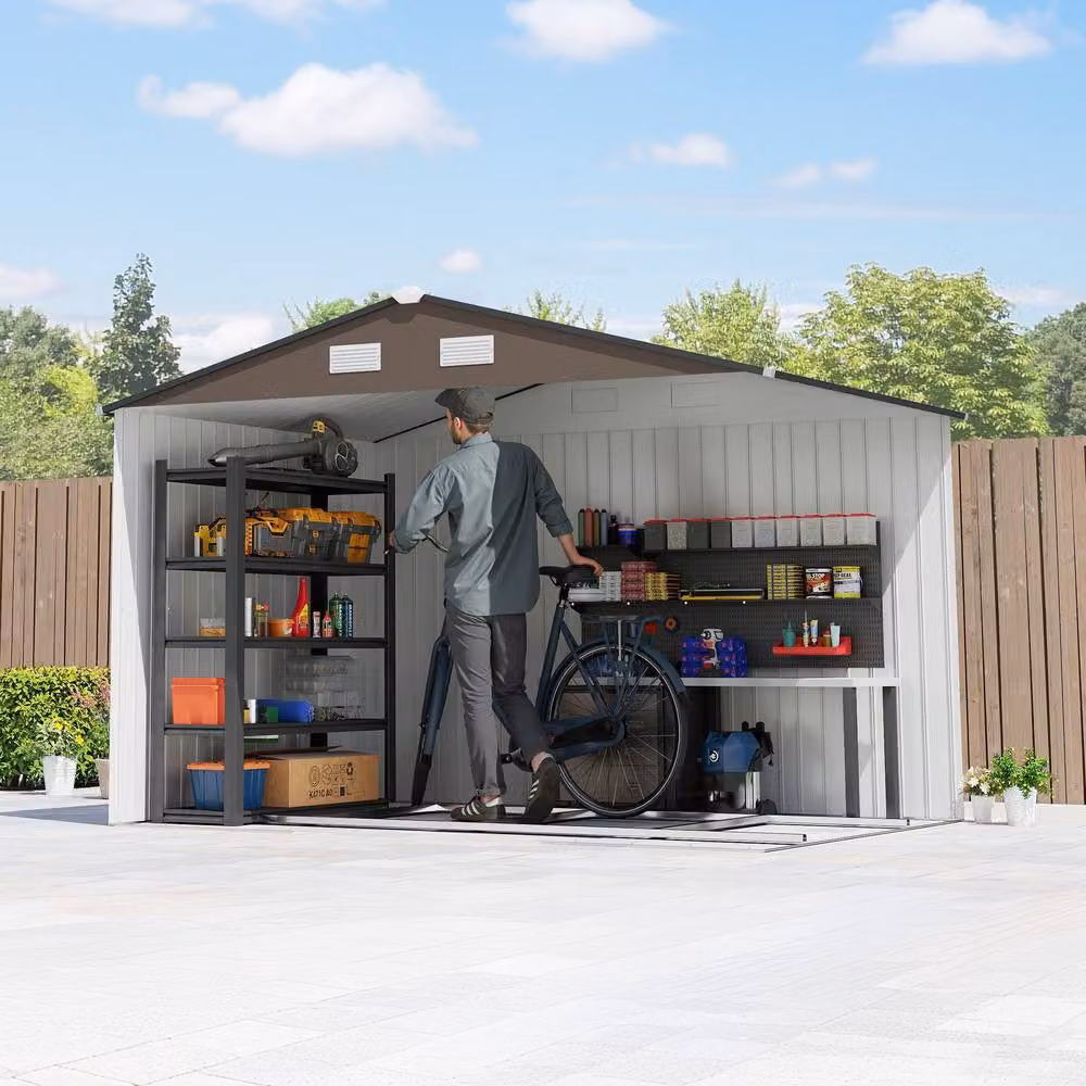 Rolipo Brown Metal Garden Shed with Foundation Kit and Double Doors, W: 274.3 cm, D: 182.9 cm, H: 192.0 cm – 8