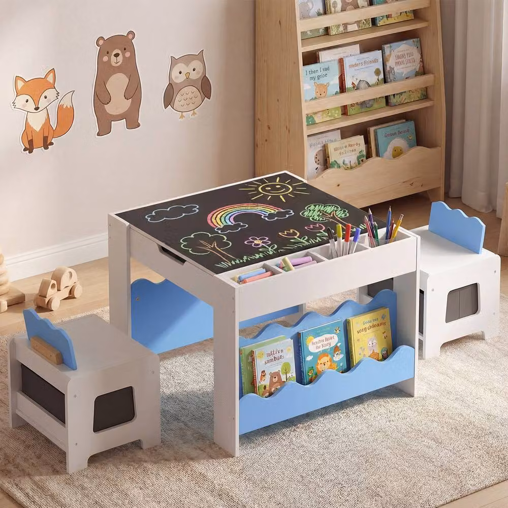 CASART Wooden Kids Table and Chairs Set with Chalkboard and Drawers in Blue – 3