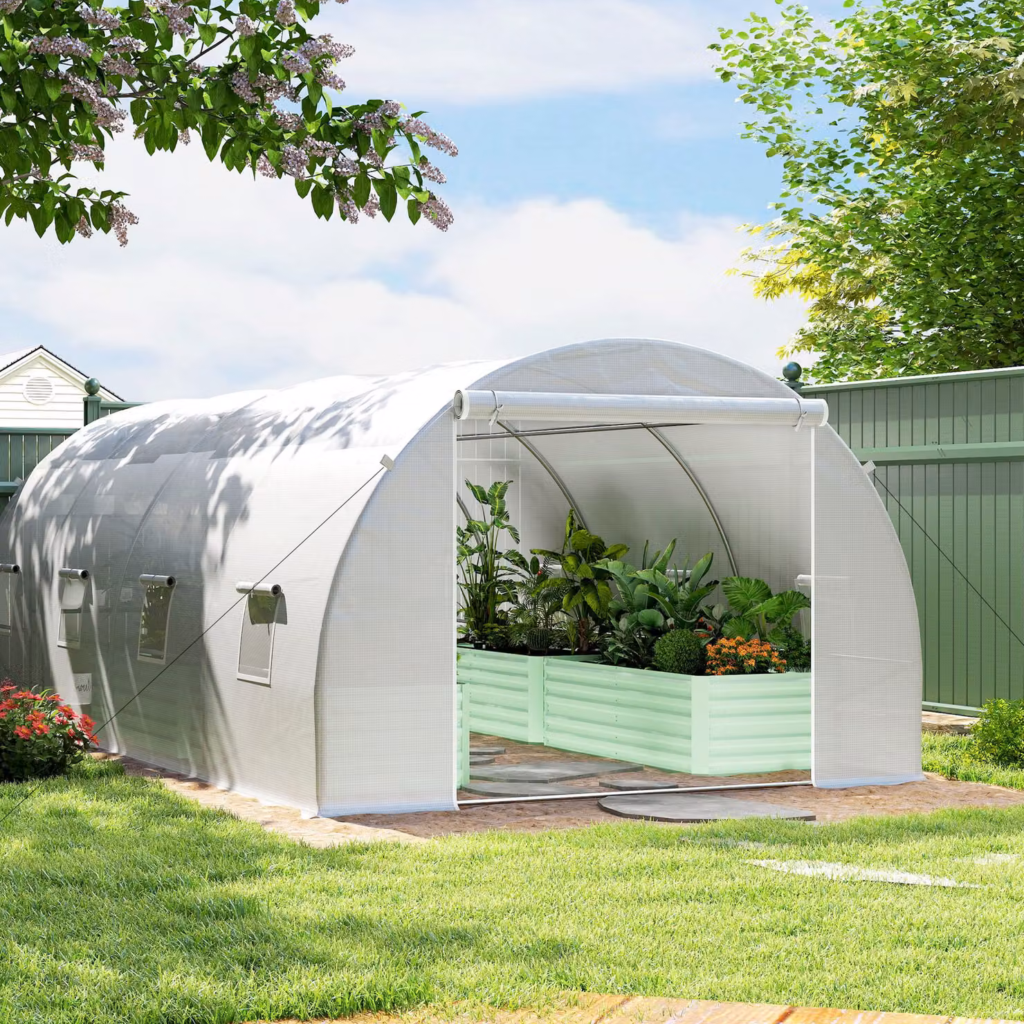 Outsunny White Polytunnel Greenhouse with 8 Windows and Zippered Door, W/D/H: 6 x 3 x 2 m – 4