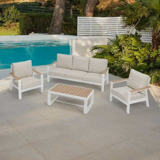 Como Aluminium Garden Conversation Set in Grey and White with Sofa, 2 Chairs and Coffee Table