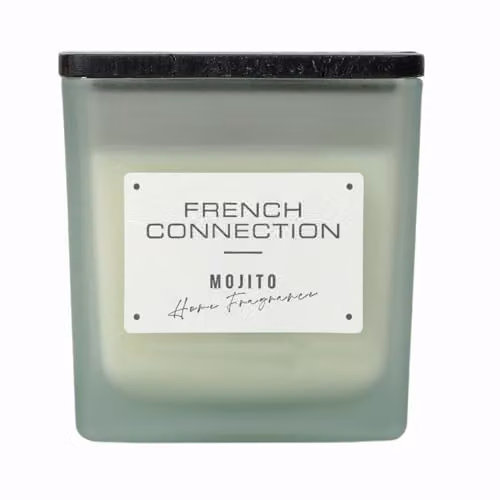 French Connection Mango Mojito Scented Candle, 200g, Green Square Glass Jar with Wooden Lid