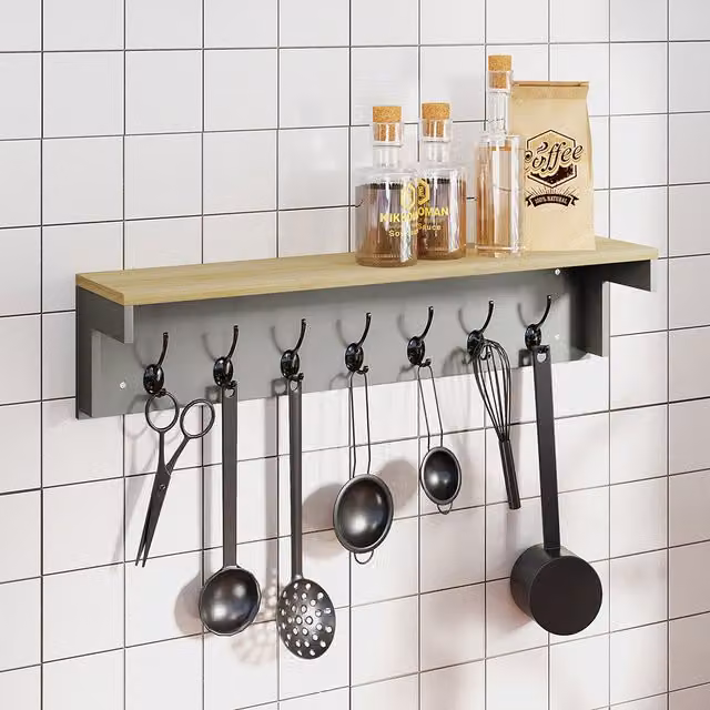 Levede Wall Mounted Coat Rack Shelf with 7 Double Hooks, Grey, W/D/H: 35 x 18 x 17 cm