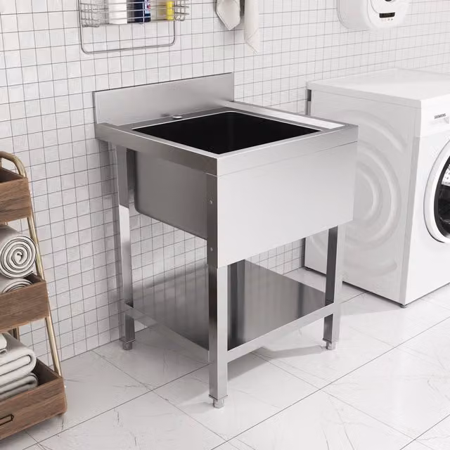 Livingandhome Freestanding Kitchen Sink Unit with Storage Shelf and Splashback in Silver Metal