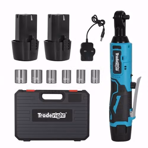 Traderight 12V Cordless Electric Ratchet Wrench with 3/8 inch Drive, 42Nm Max Torque, Variable Speed, LED Work Light and 2 x 1500mAh Batteries in Blue – 1