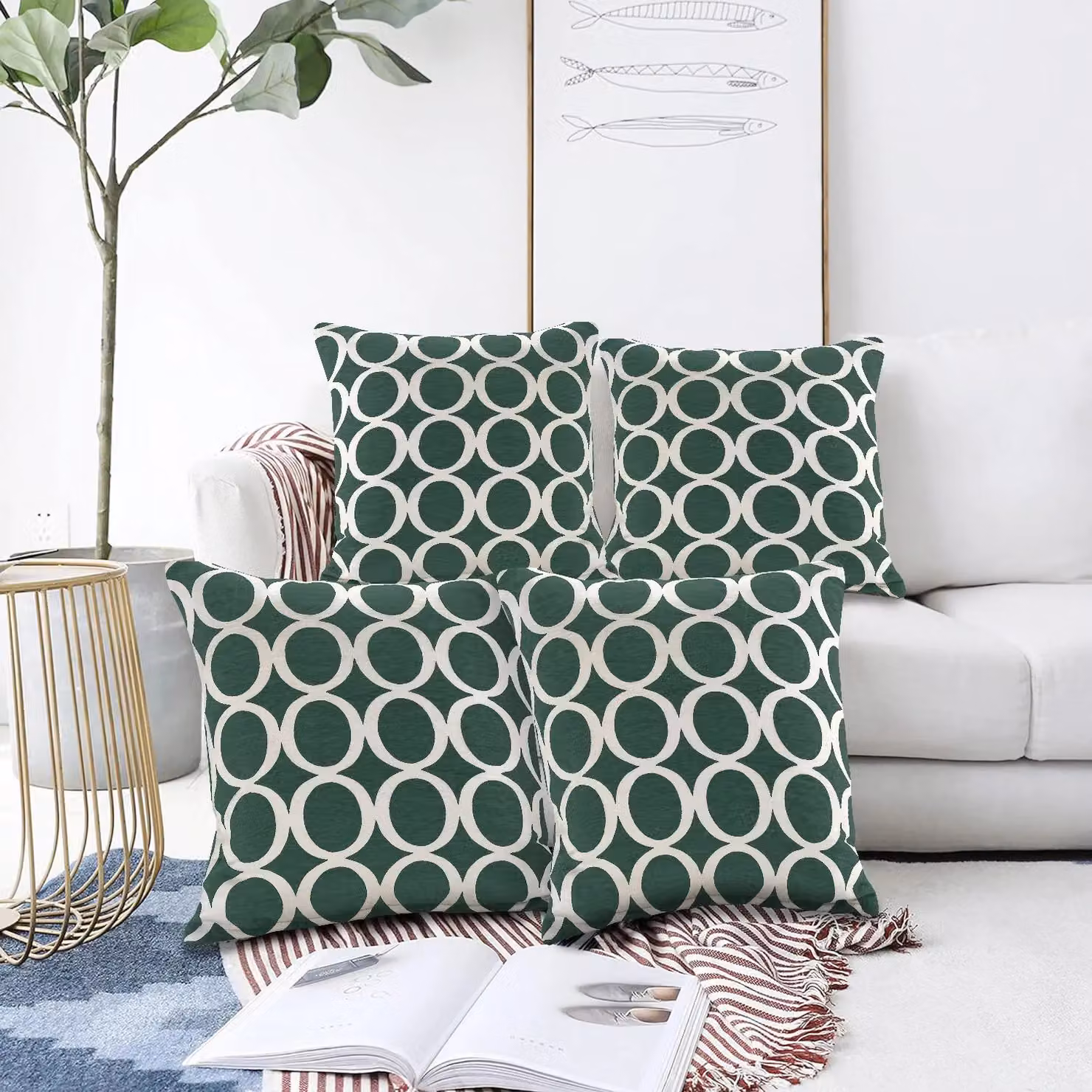 Luxor Living Set of 4 Green Chenille Square Cushions, W/D/H: 45 x 45 x 45 cm – 4