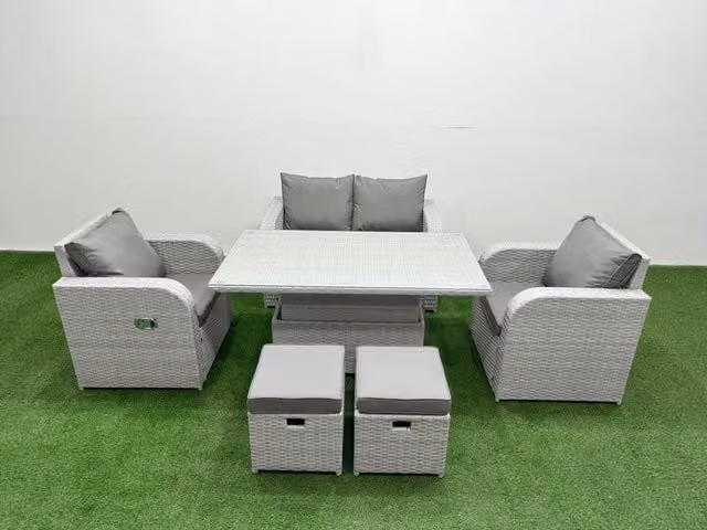 Fimous 6 Seater Grey PE Wicker Rattan Garden Furniture Set with Upholstered Cushions, 2 Seater Sofa, Lounge Armchair, Coffee Table and Ottoman