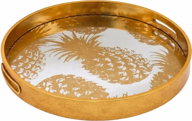 Maison des Cadeaux Gold Pineapple Mirrored Glass and Metal Tabletop Tray