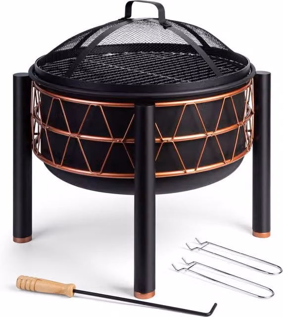 Vonhaus Black Steel Fire Bowl with Copper Rim, Diameter: 54 cm