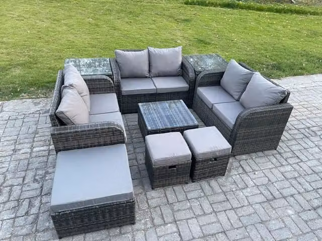 Fimous 9 Seater Grey Rattan Garden Furniture Set with U-Shape Sofa, Coffee Table, Love Seat, 3 Footstools and 2 Side Tables