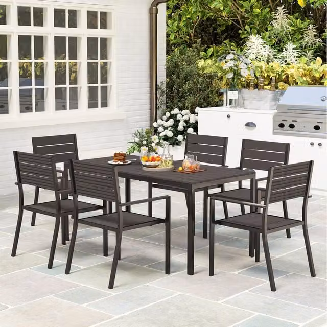 Outsunny 7 Piece Modern Brown Garden Furniture Set with Stackable Chairs