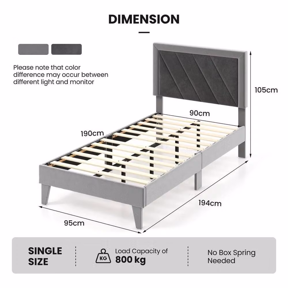 SPETLEK Single Velvet Upholstered Platform Bed Frame with High Headboard in Grey – 2