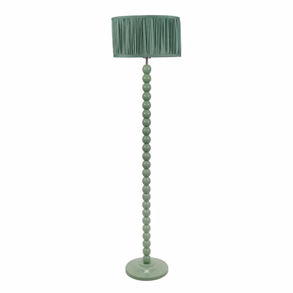 ValueLights Sage Green Bobbin Wood Floor Lamp with Ruched Pleated Fabric Drum Shade and LED Bulb – 2