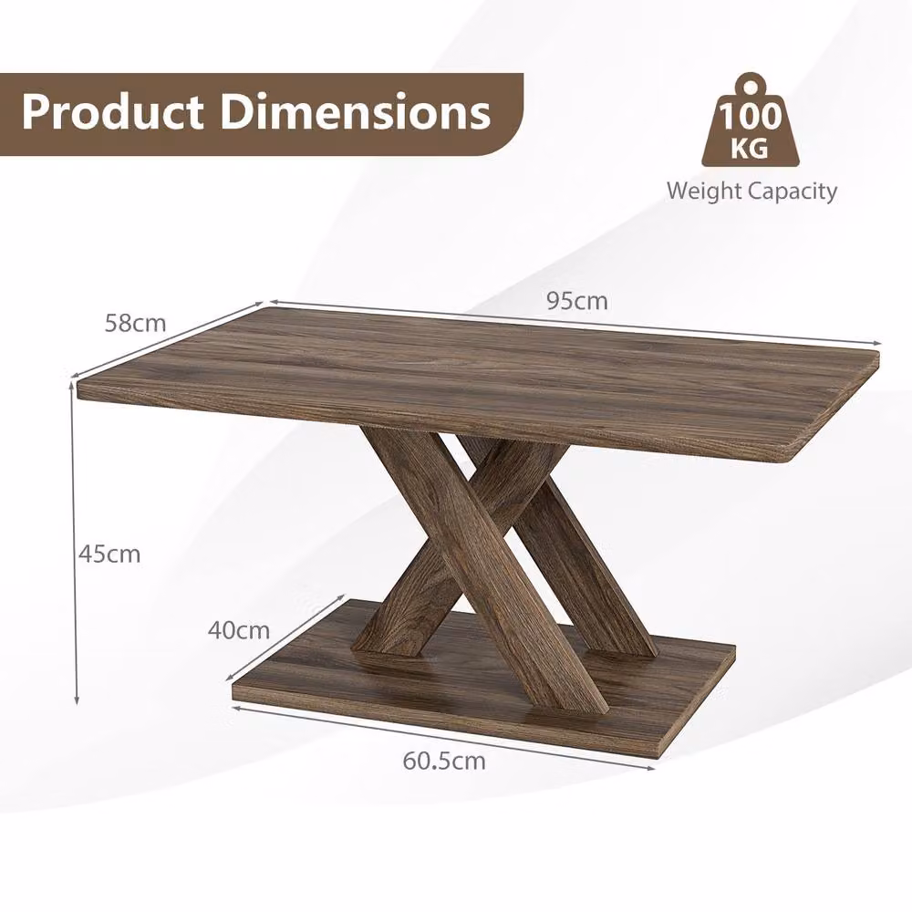 Costway Brown Rectangular Farmhouse Coffee Table with X-Frame Design – 2