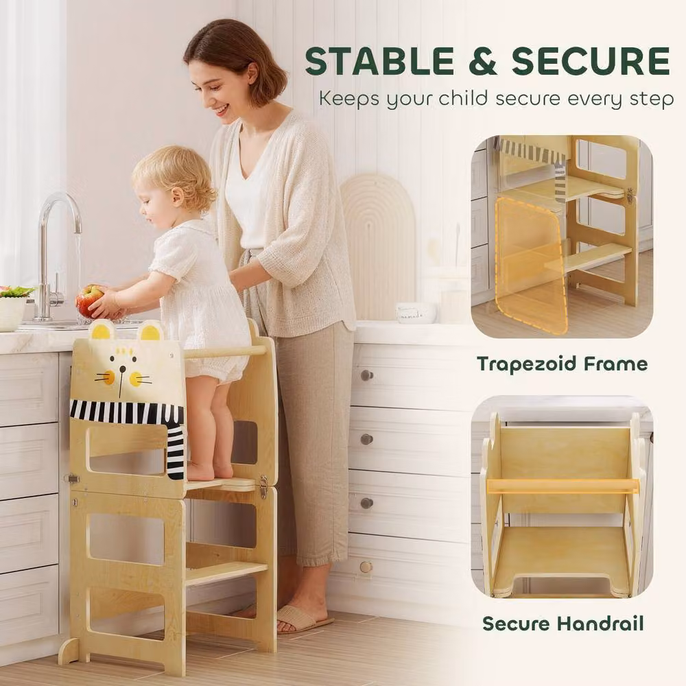 AIYAPLAY Toddler Step Stool with Chalkboard in Sand Beige Wood – 3