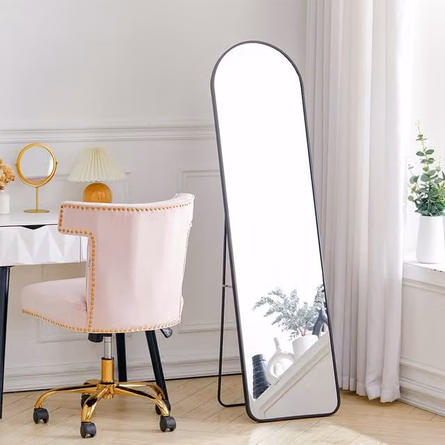 Livingandhome Modern Rectangular Metal Full Length Mirror, Black, Freestanding or Hanging