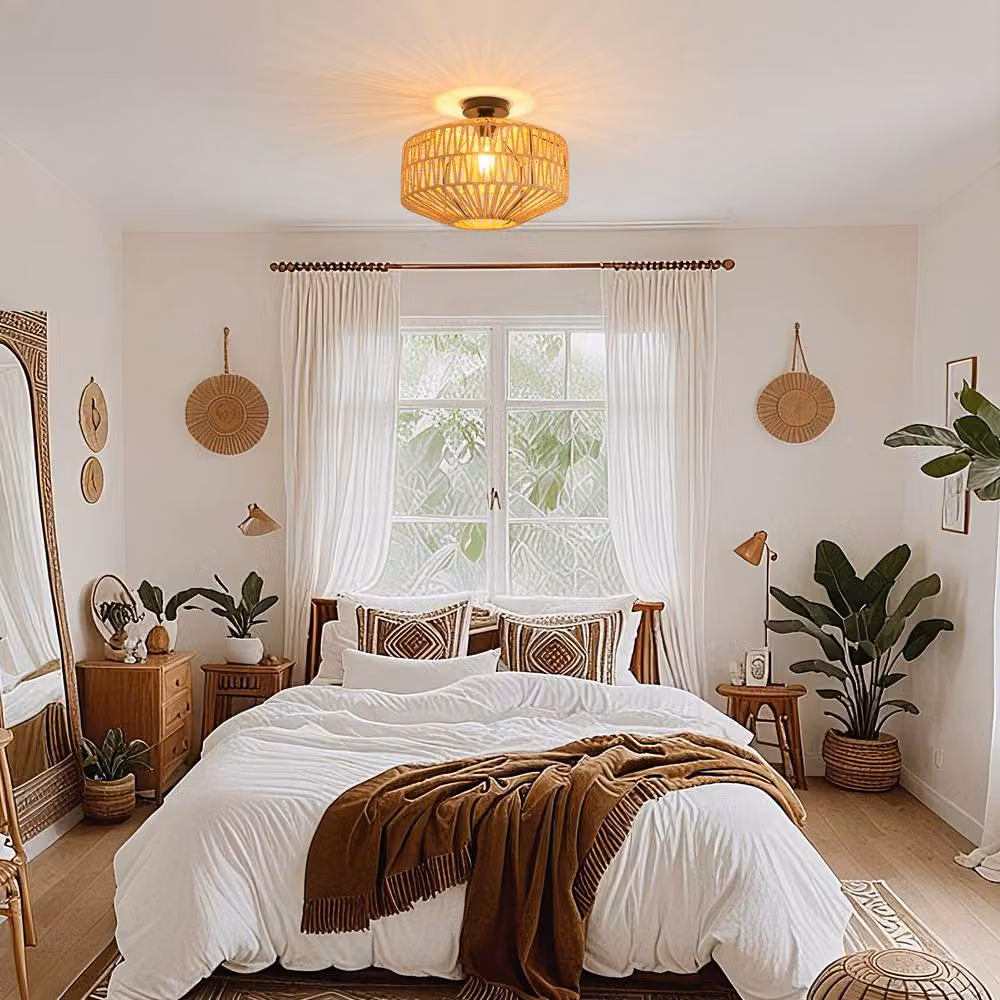 Goeco Vintage Rattan Pendant Ceiling Light in Natural Brown with E27 Socket, Diameter: 40 cm – 4