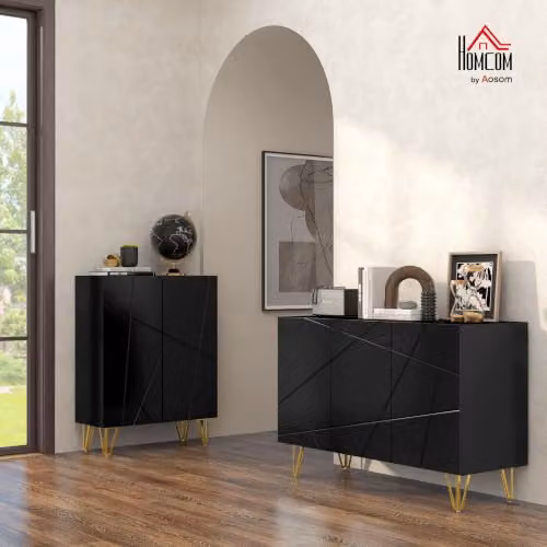 HOMCOM Modern Glossy Black Freestanding Storage Cabinet with Gold Legs, W/D/H: 120 x 40 x 75 cm – 2