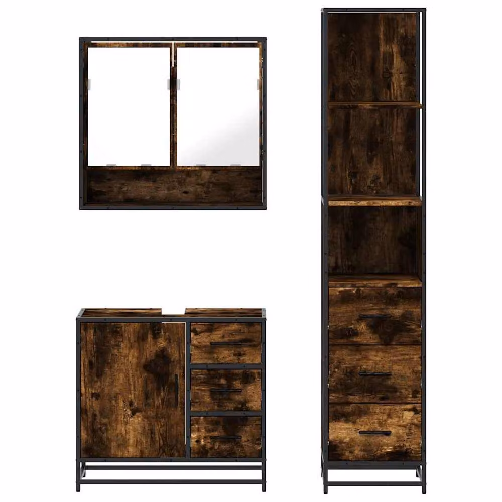 Berkfield Home 3 Piece Industrial Bathroom Furniture Set in Brown Smoked Oak with Mirror Cabinet, Vanity Unit and Tall Cabinet – 4