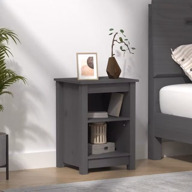 Berkfield Home Grey Solid Wood Pine Bedside Cabinet W: 40 cm, D: 35 cm, H: 55 cm