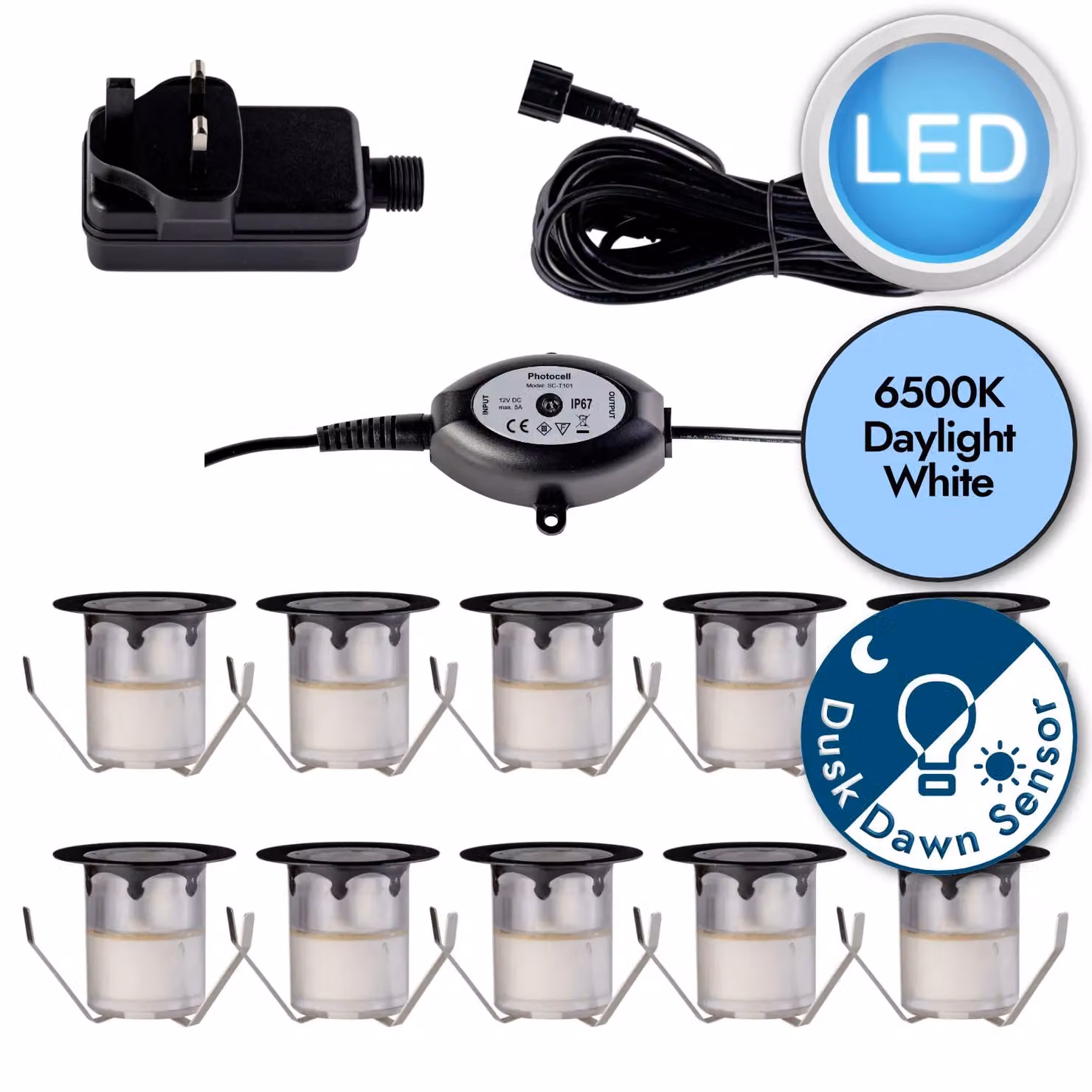 First Choice Lighting Set of 10 Black IP67 Cool White LED Recessed Decking Kit with Dusk Sensor – 2