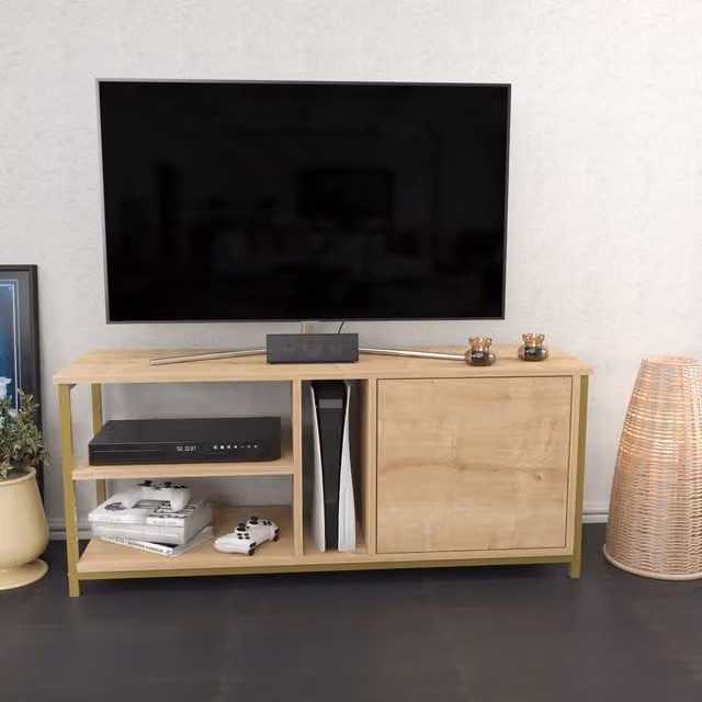 Neola Minimalist TV Unit in Gold and Brown, W/D/H: 120 x 35 x 51 cm