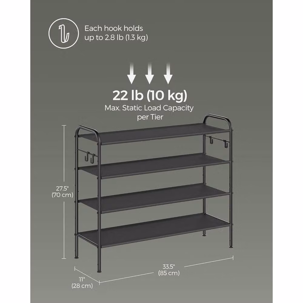 The Bazaarist 4 Tier Fabric Shoe Rack with Hooks in Black – 3