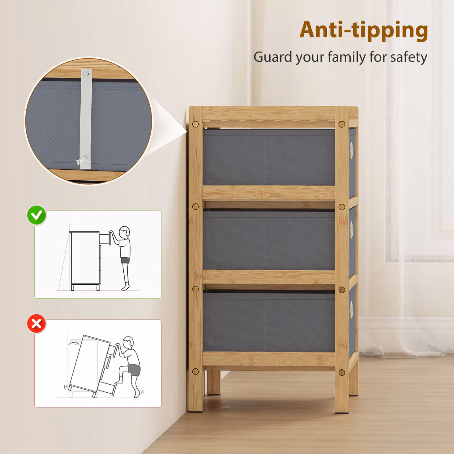 HOMCOM Narrow Chest of Drawers with 3 Fabric Drawers and Bamboo Frame, Light Grey – 5