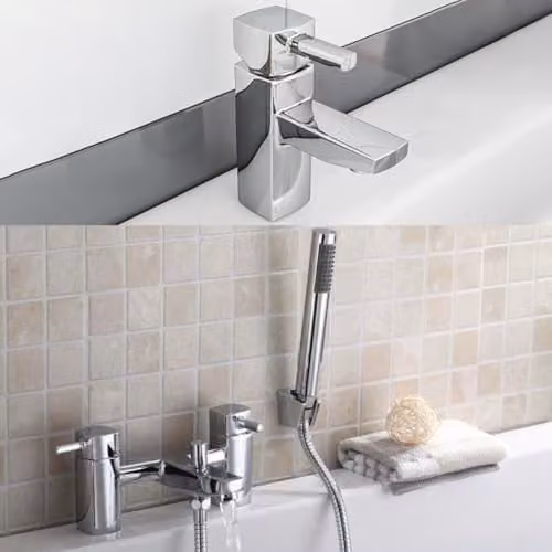 Nes Home Square Basin Sink Mono Mixer Tap and Bath Shower Mixer Tap Set in Chrome Metallic Silver – 1