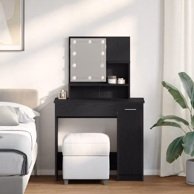 Berkfield Home Modern LED Dressing Table in Black Oak, W/D/H: 86.5 x 35 x 136 cm