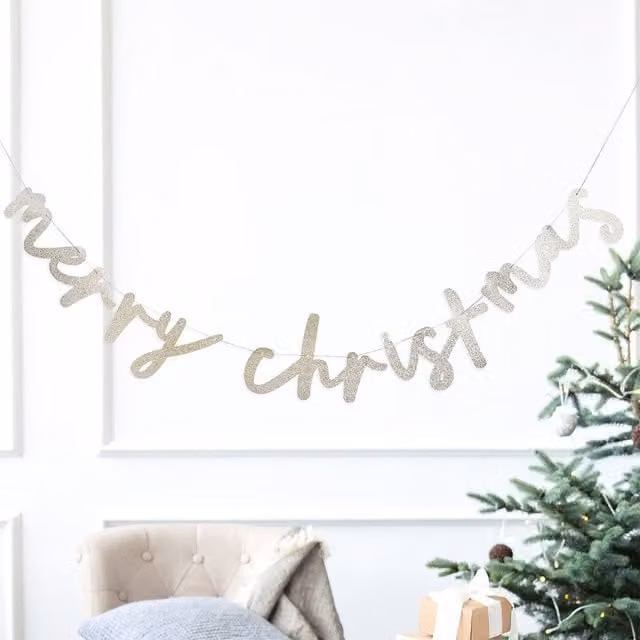 Club Green Merry Christmas Glitter Card Pennant Banner in Green and Multicolour, 2m