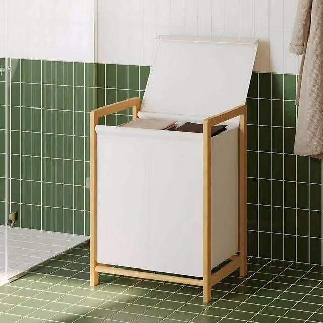 The Bazaarist 2 Compartment Bamboo Laundry Hamper with Lid and Removable Bags in White and Beige