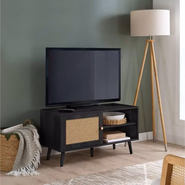 Croxley Modern Small TV Unit in Black Oak with Rattan Geometric Detail