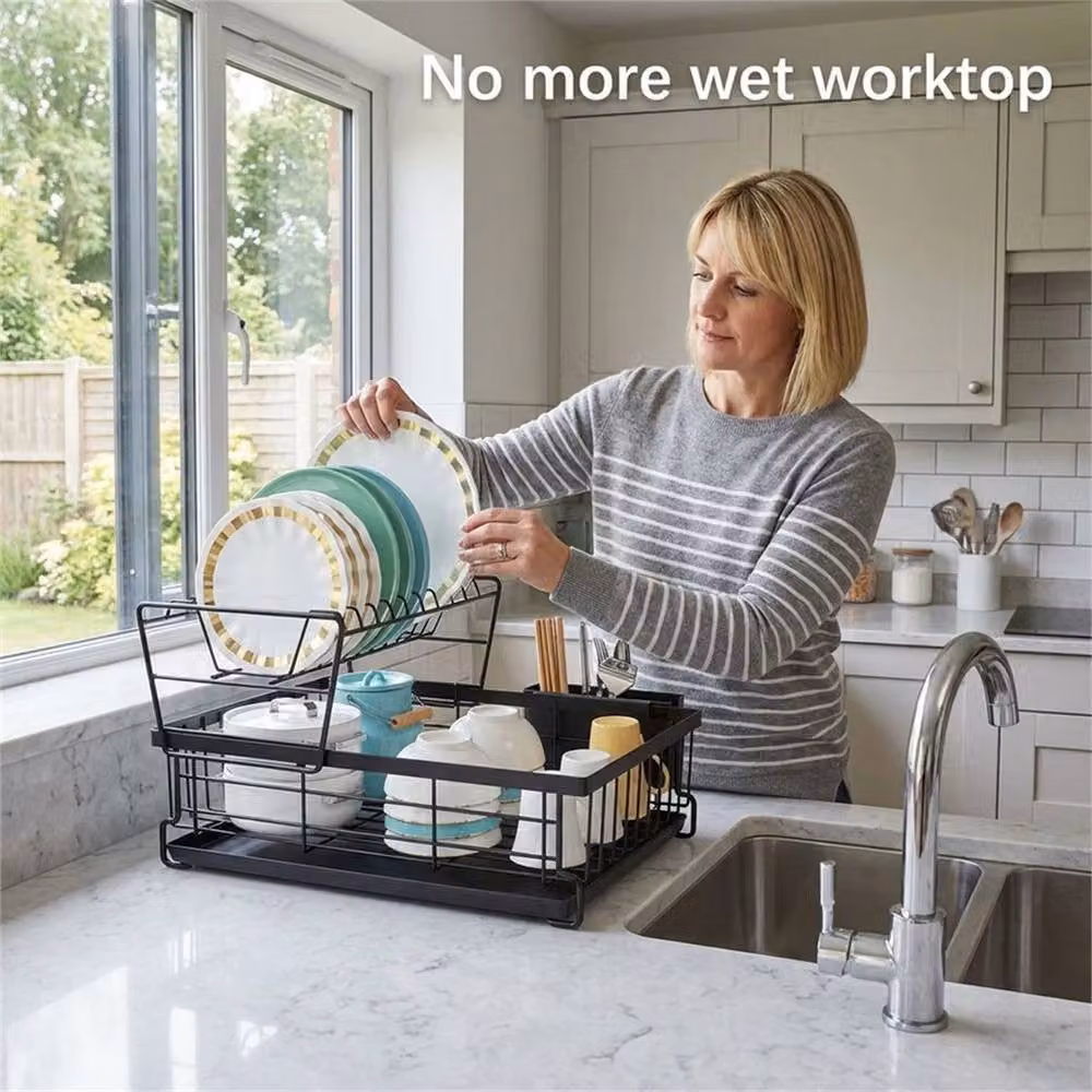 NESTLUNE Black Large Dish Drainer Rack with Drip Tray and Cutlery Holder, W/D: 100 x 100 cm – 3