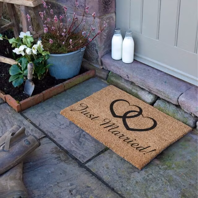Artsy Mats Just Married Brown Coir and Natural Rubber Non-Slip Weatherproof Doormat
