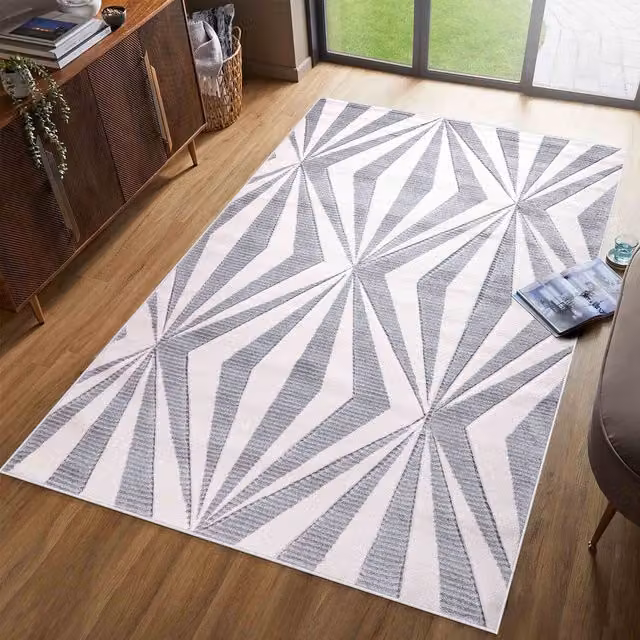 Desire Rugs Valencia Modern Geometric Silver and Grey Polypropylene Runner W: 60 cm, L: 220 cm